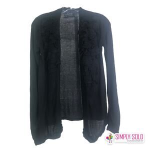 Line Womens S Cardigan Sweater Ruffled Trim Open Front Knit Black Modal/Cashmere